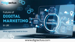 Digital marketing trends in the UK illustrated with analytics dashboards, growth charts, and global collaboration between UK and India teams