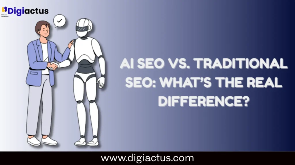 Comparison of AI SEO vs traditional SEO showing ranking factors, semantic optimization, authority signals, and AI search ranking factors.