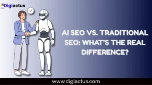 Comparison of AI SEO vs traditional SEO showing ranking factors, semantic optimization, authority signals, and AI search ranking factors.