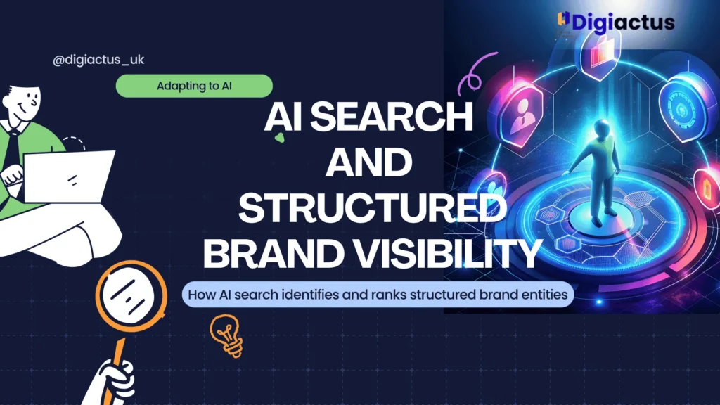 Illustration showing AI connecting brand data points and ranking structured entities in search