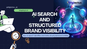 Illustration showing AI connecting brand data points and ranking structured entities in search