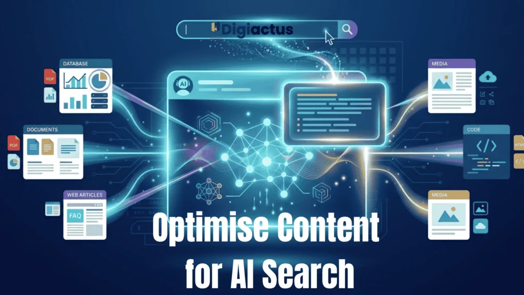 Illustration showing AI search optimization with ChatGPT, structured content blocks, and answer engines selecting content as the top result